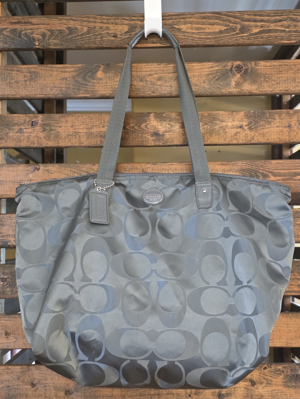 COACH Olive Green Signature Nylon Getaway Packable Weekender Tote